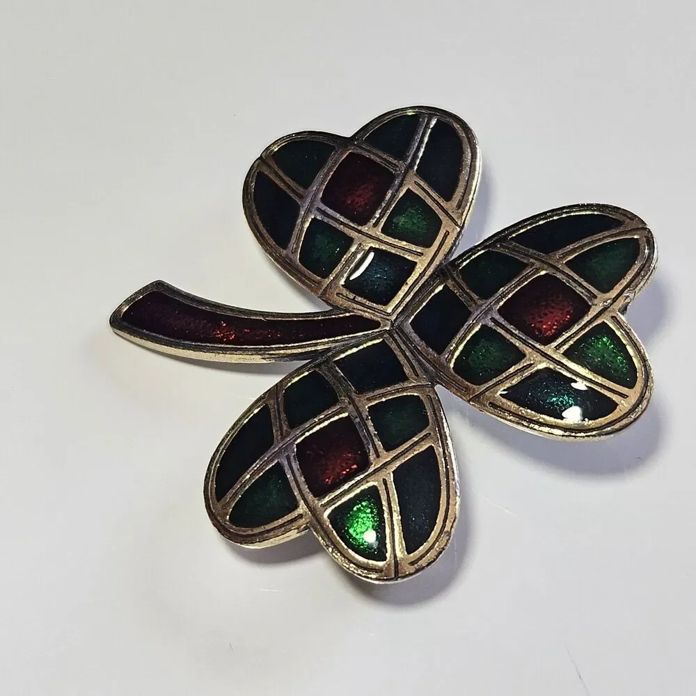 Vintage Sol D'or Heart Shamrock Red Green Blue Enameled Celtic Brooch Pendant